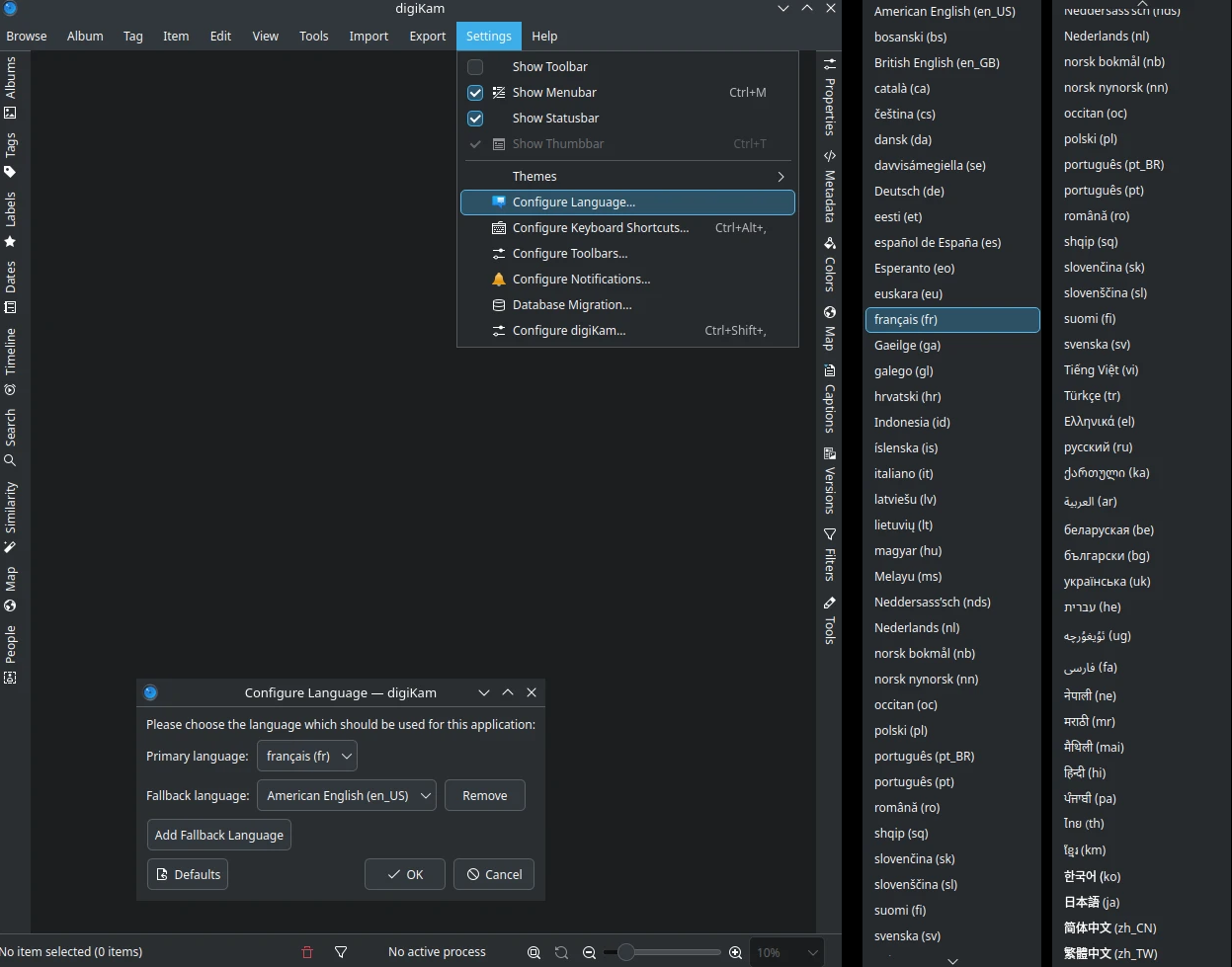 digiKam Setup Languages Dialog