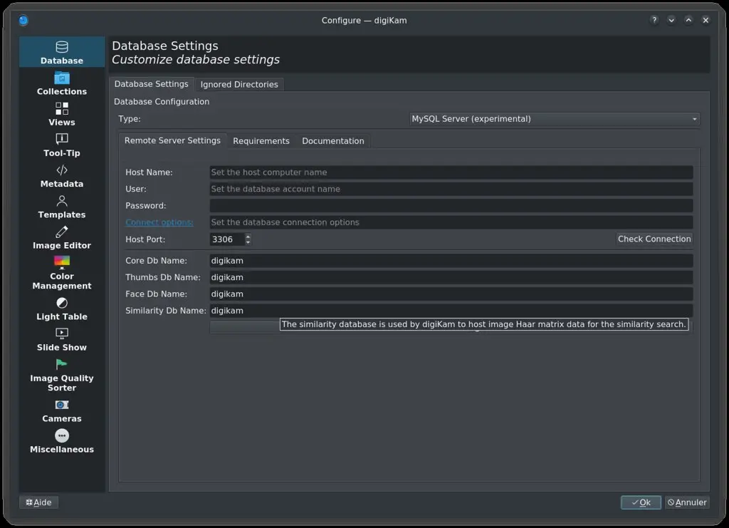 The digiKam setup database page with new option for the similarity file