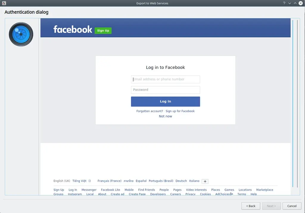 Embedded browser for login page working with Facebook export tool through OAuth protocol
