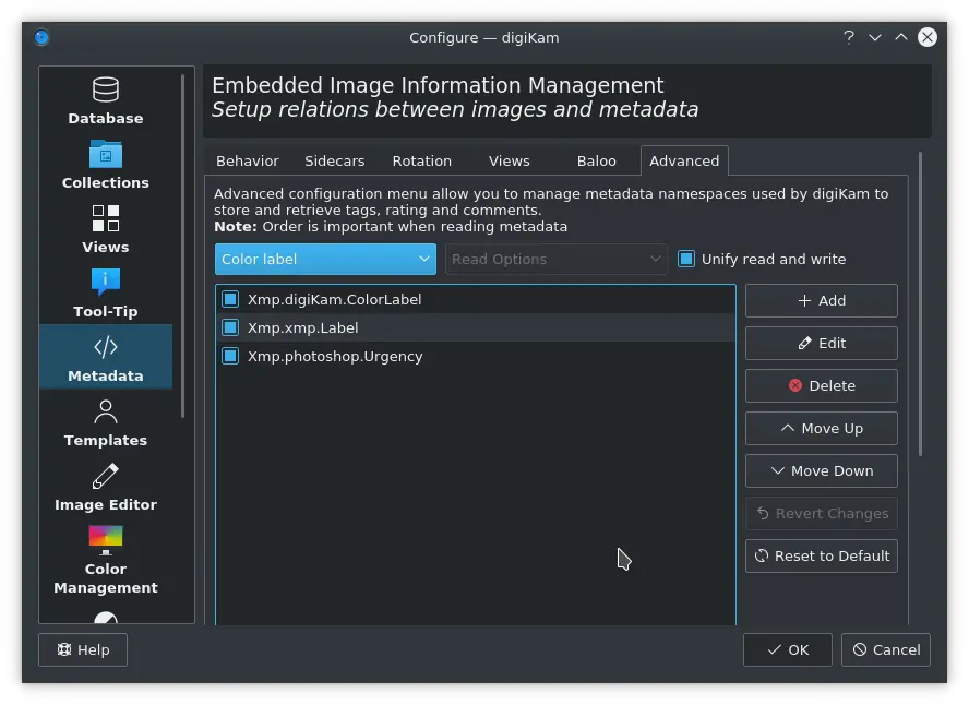 Advanced Metadata Color Labels Settings from digiKam Config Panel