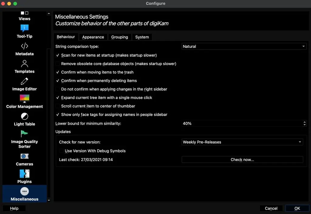 digikam 7.2.0 Setup Misc With Check for new Version Options