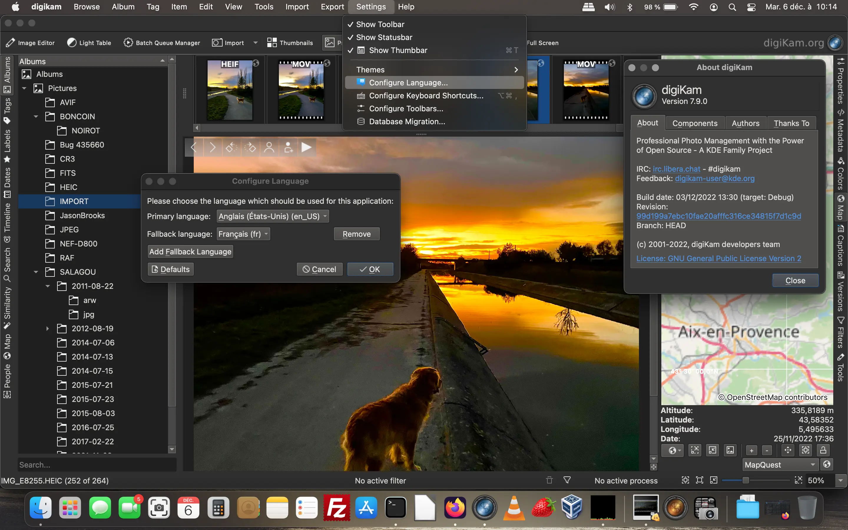 digiKam 7.9.0 Languages configuration dialog under macOS