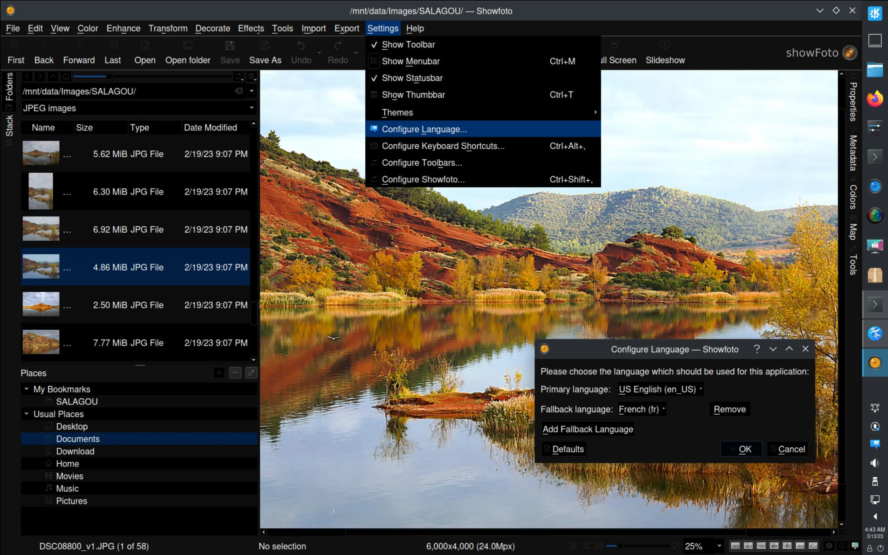 Showfoto 7.10.0 Languages configuration dialog under Linux