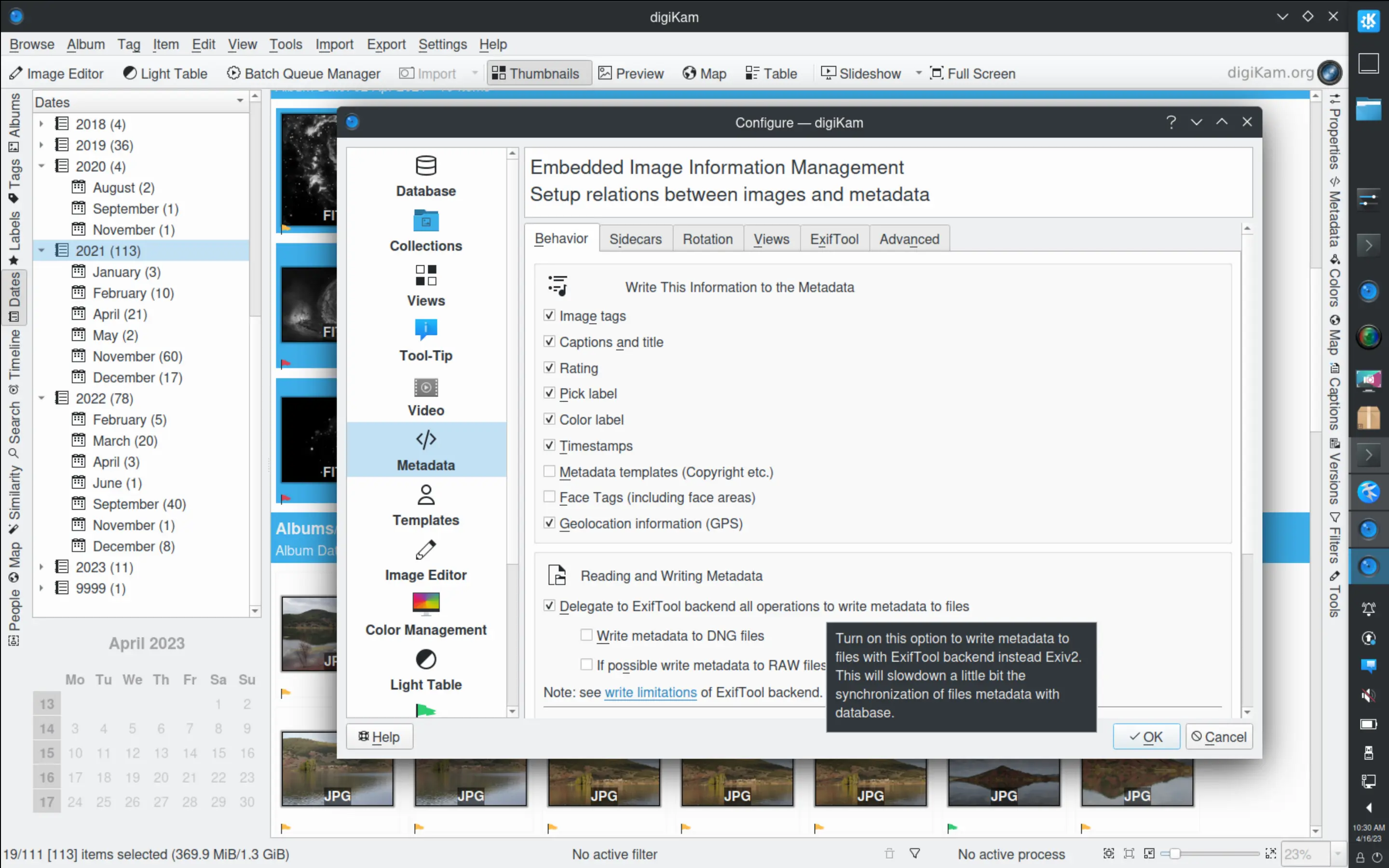 Metadata Setup Page with ExifTool Engine write options