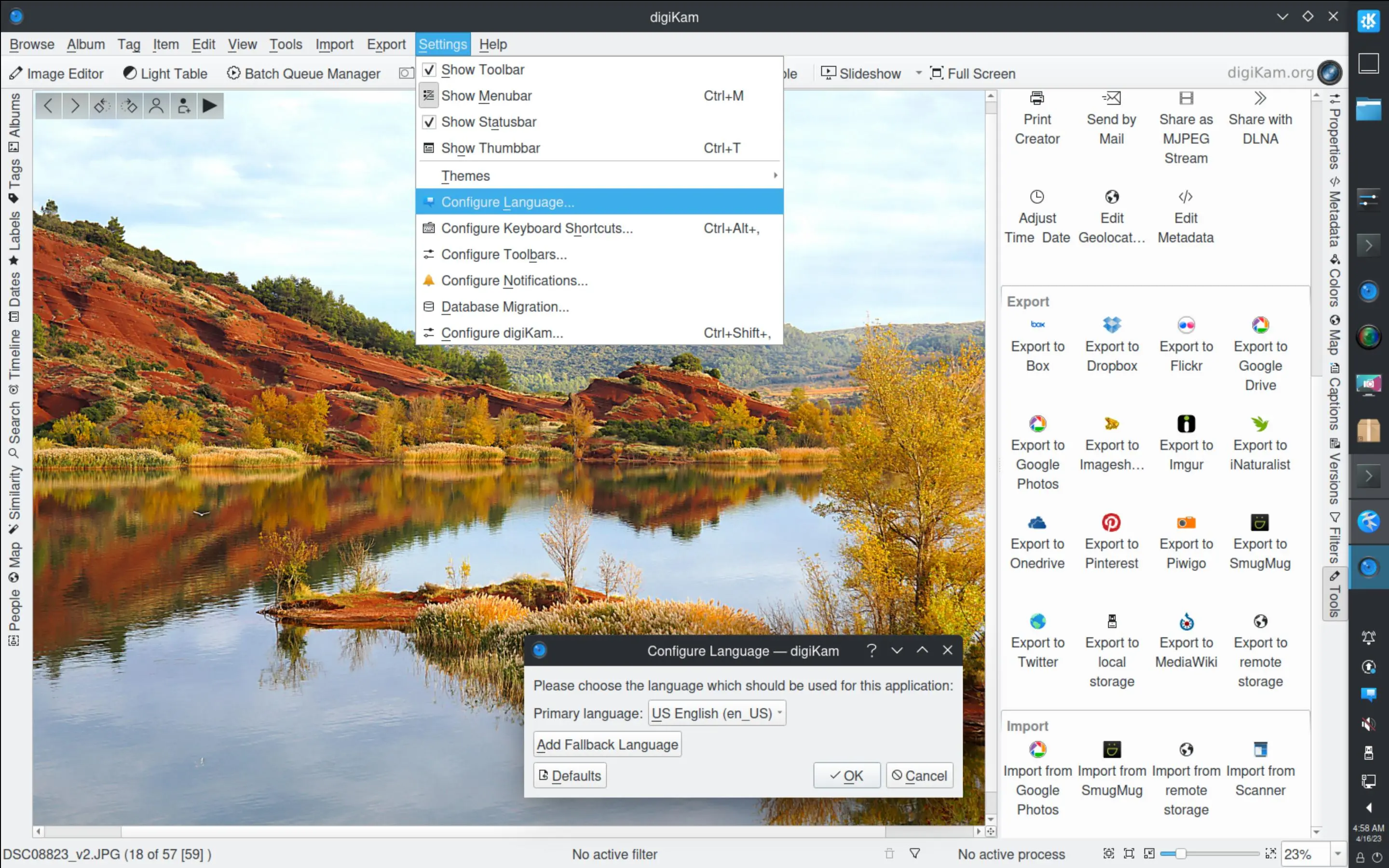 The Languages selection dialog