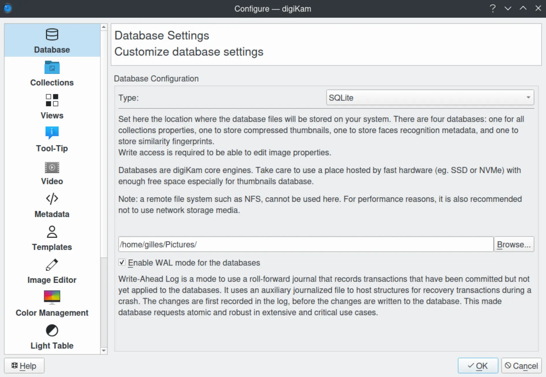 SQlite database settings including WAL option