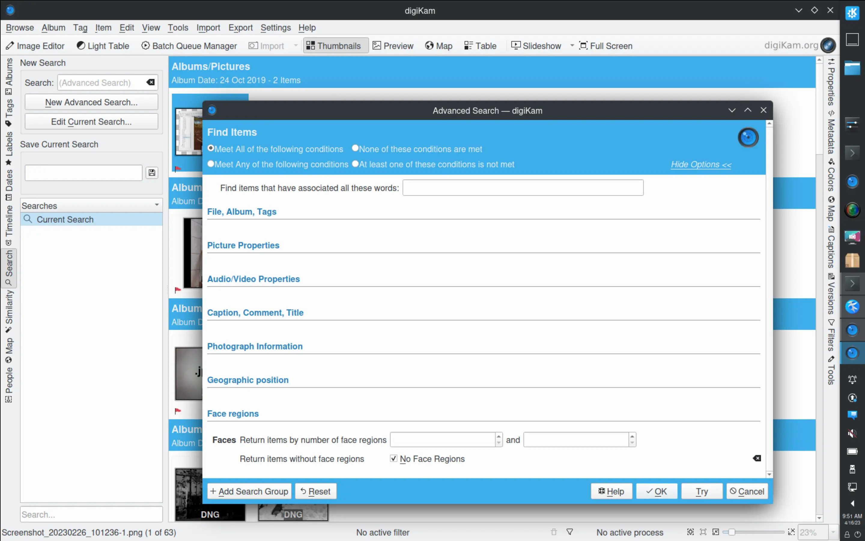 Advanced Search Dialog with face query options