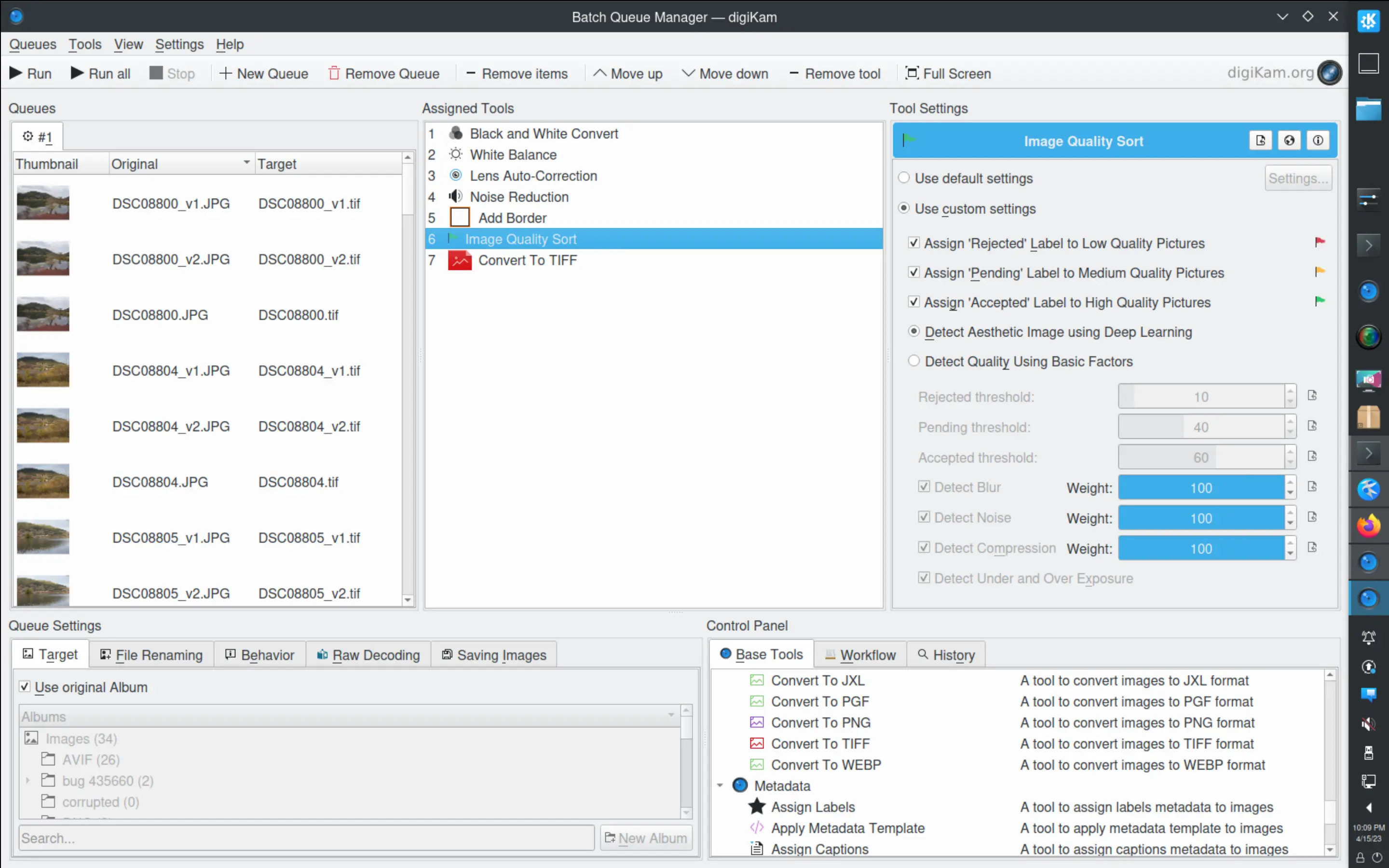 Batch Queue Manager workflow including the Image Quality Sort tool