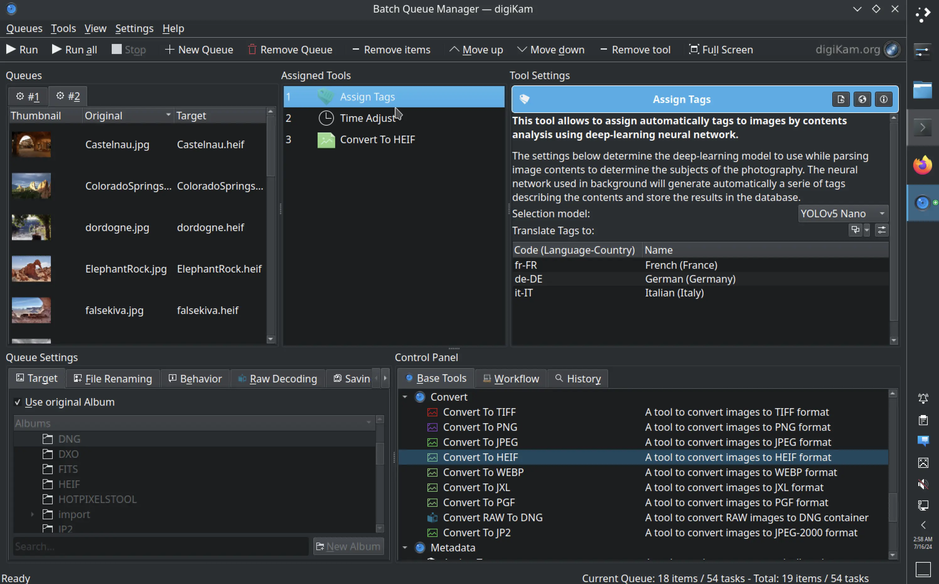 digiKam 8.4.0 Batch Queue Manager Auto-Tagging with Keywords Translations