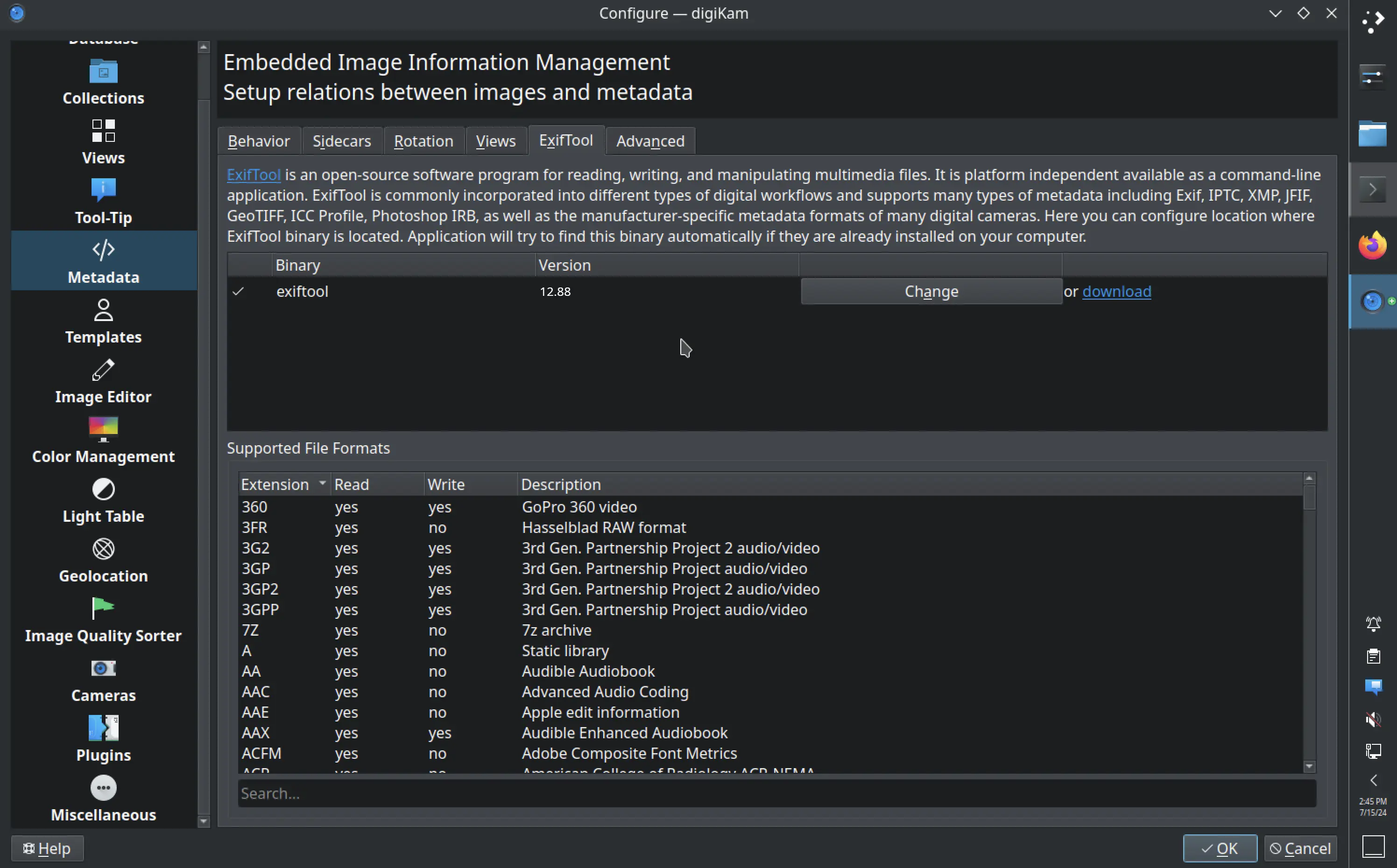 digiKam 8.4.0 ExifTool Setup Page