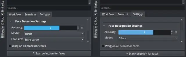 digiKam 8.5.0 uses YuNet DNN model for the face detection -on the left- and SFace DNN model for the face recognition -on the right-