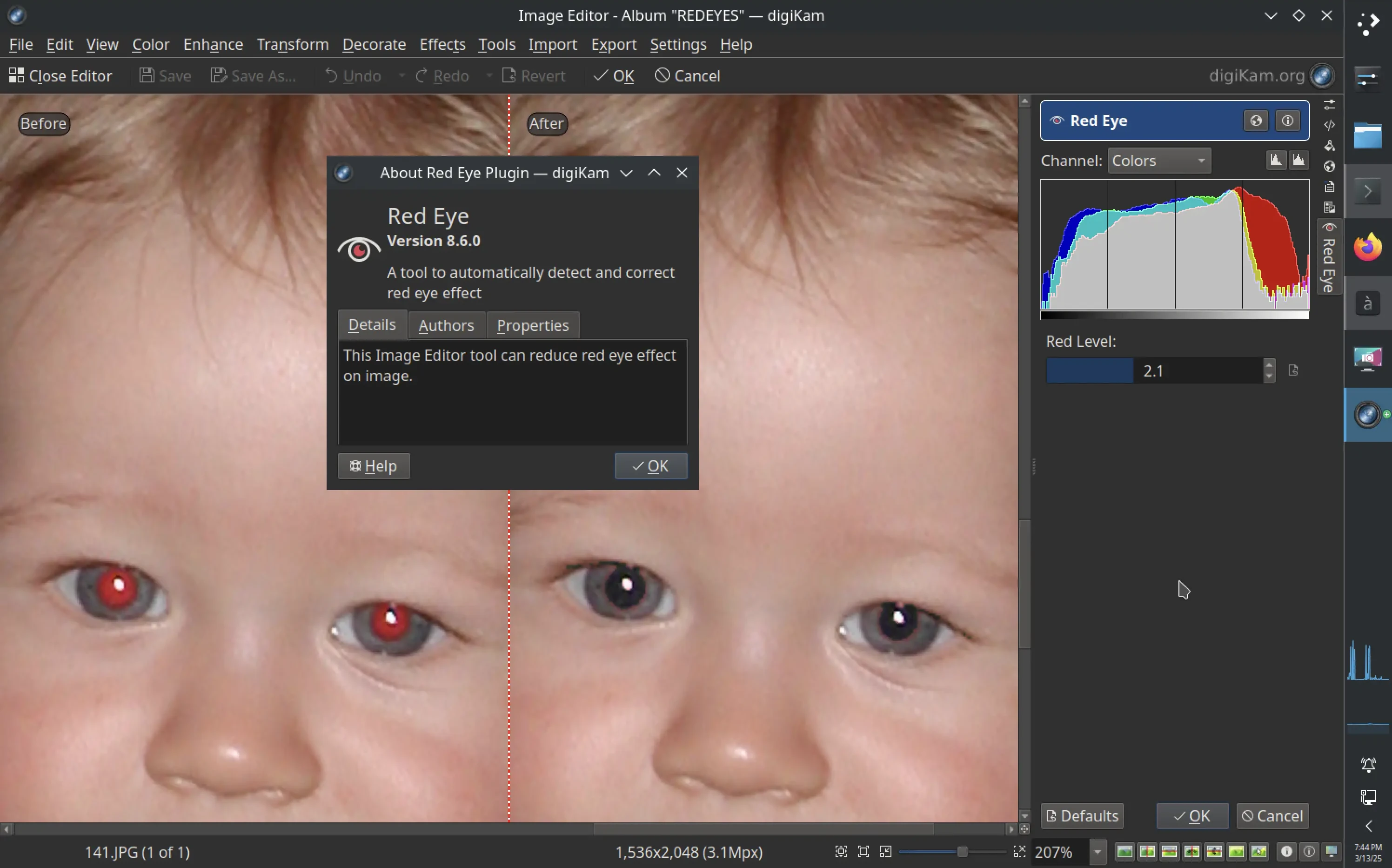 The digiKam 8.6.0 Red Eyes Correction tool based on AI engine