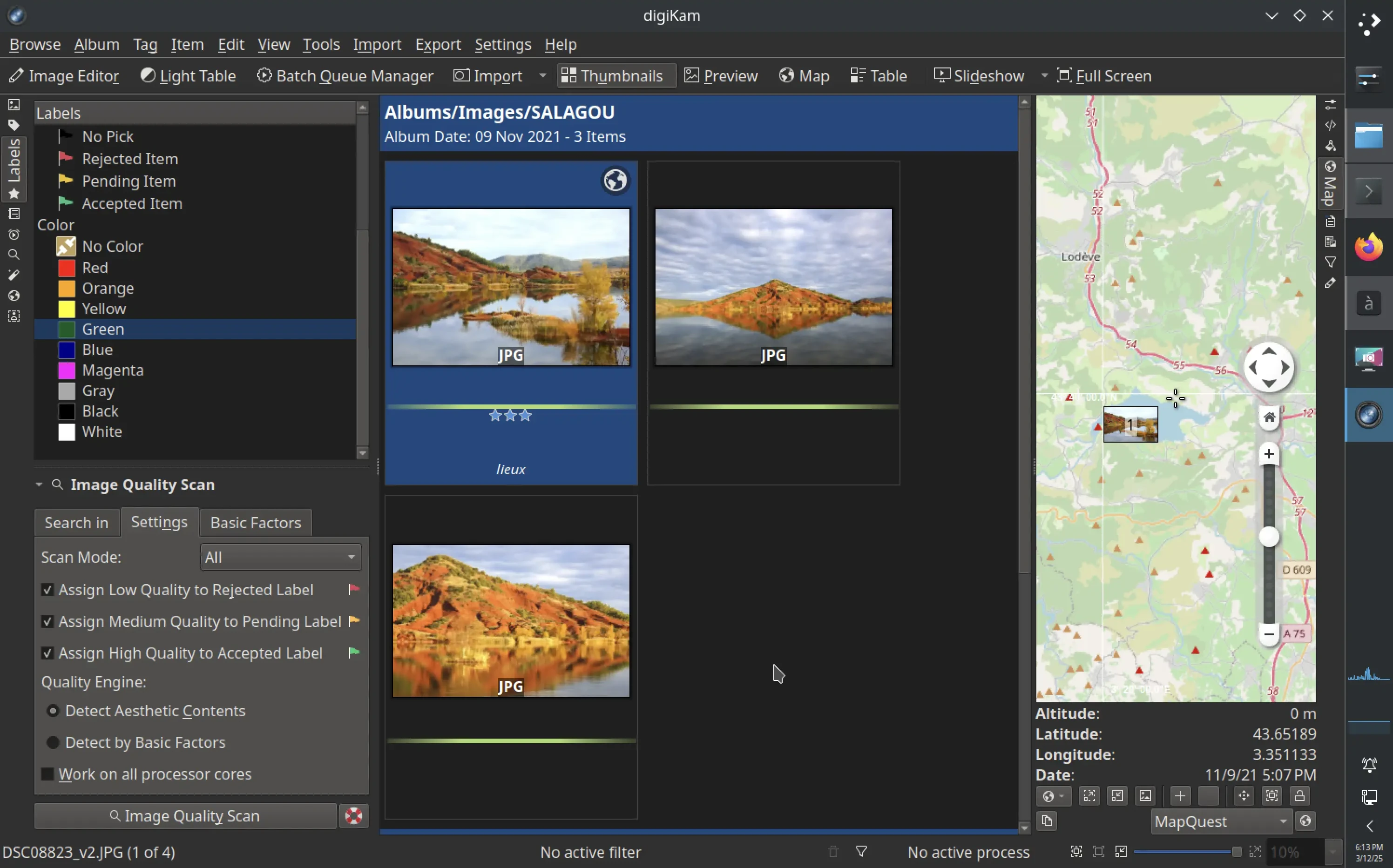 The digiKam 8.6.0 options from the Labels left side bar tab to run the quality scan over the collections