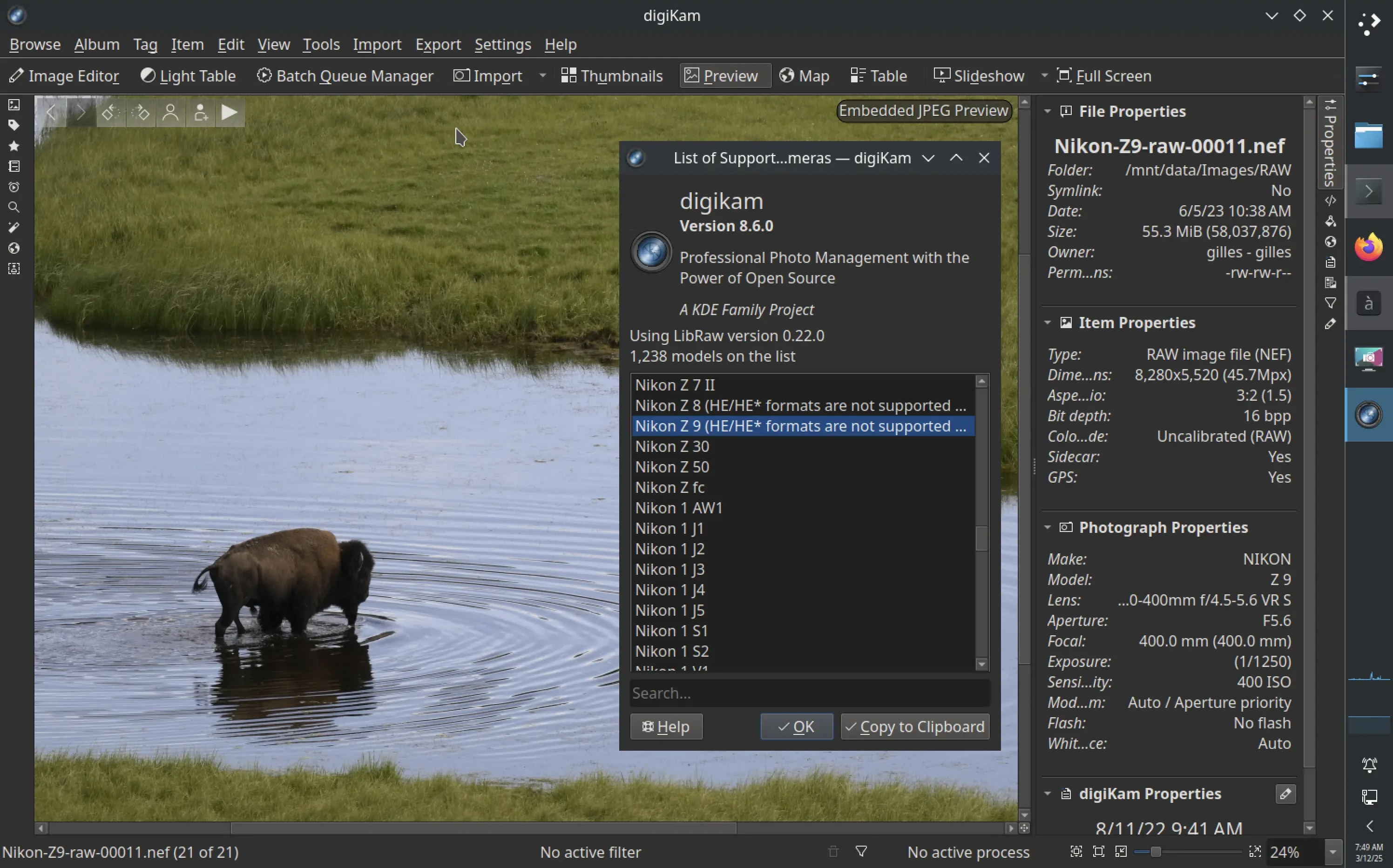 The list of RAW camera support in digiKam 8.6.0