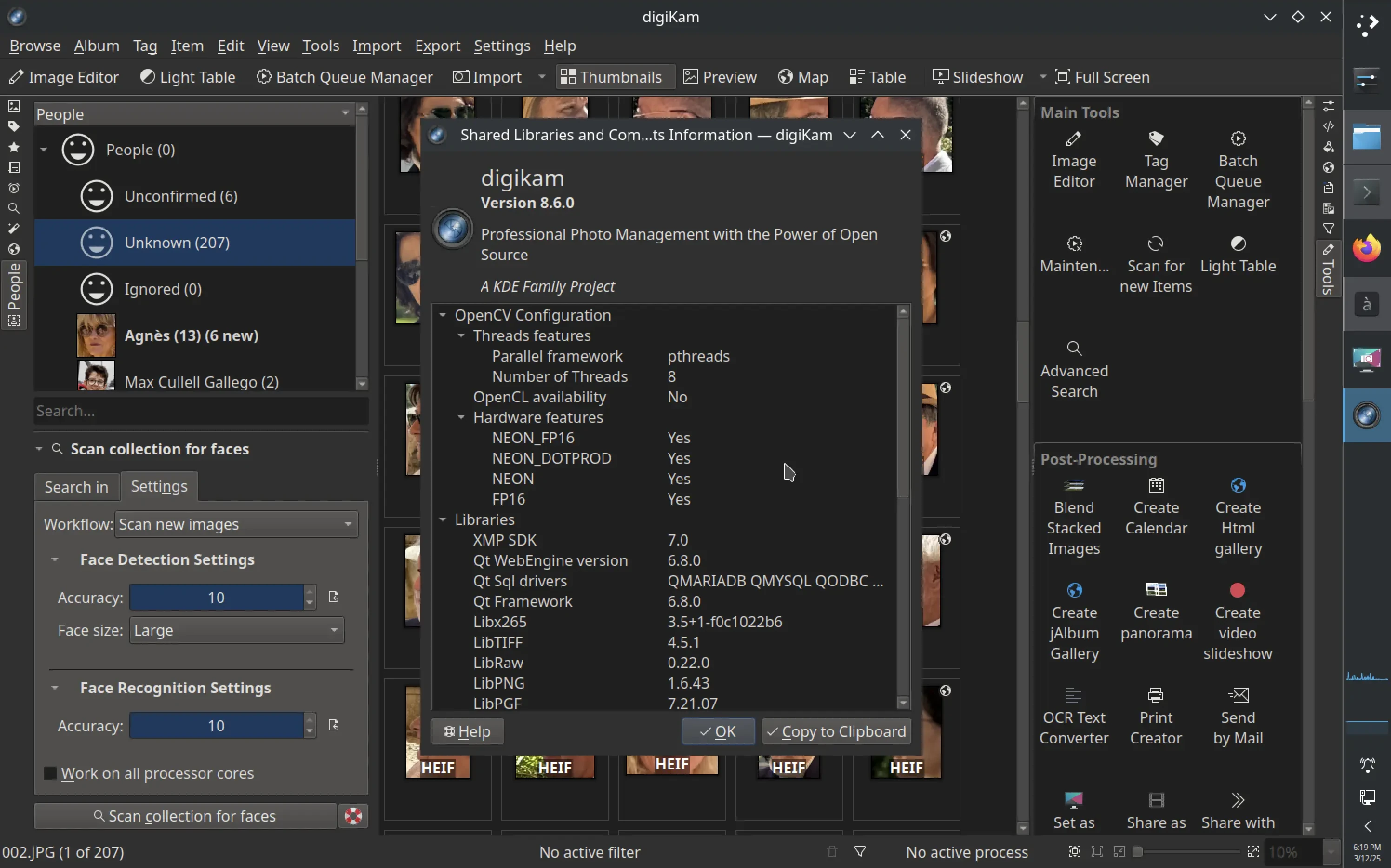 The digiKam 8.6.0 options from the People left sidebar tab to run the face scan over the collections