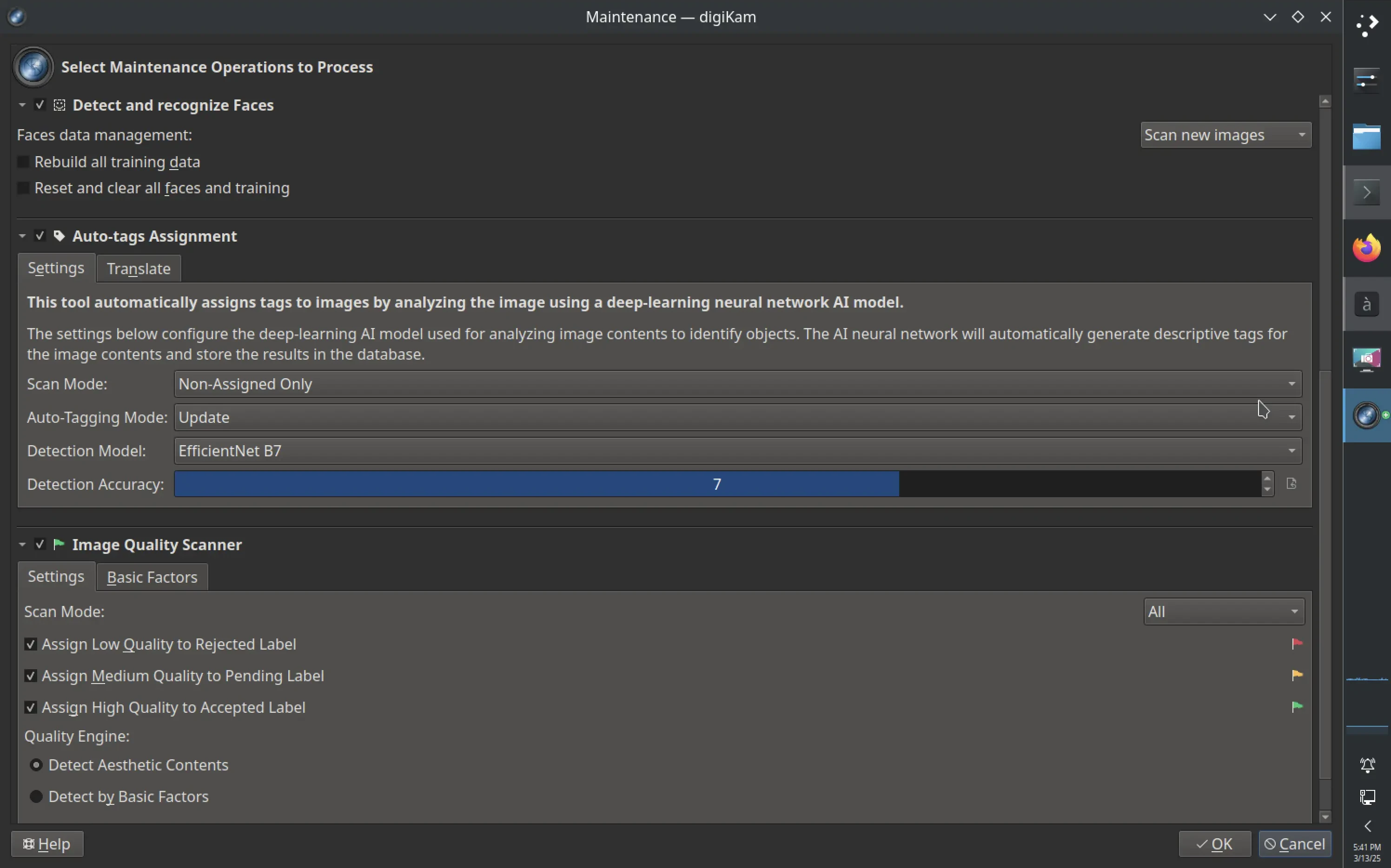 The digiKam 8.6.0 Maintenance dialogue with the AI based tool settings