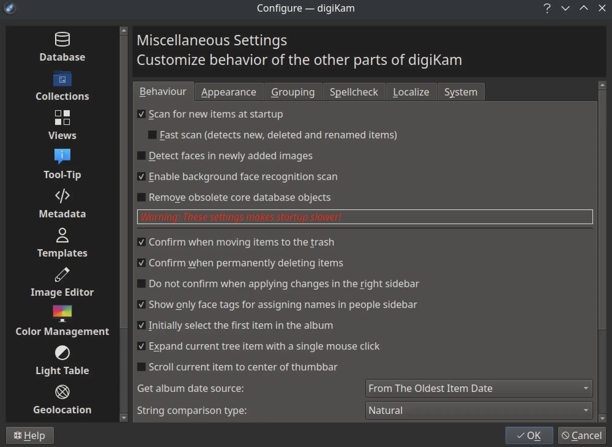 The digiKam 8.7.0 options from the Miscs/Background setup panel to run the face scan in background