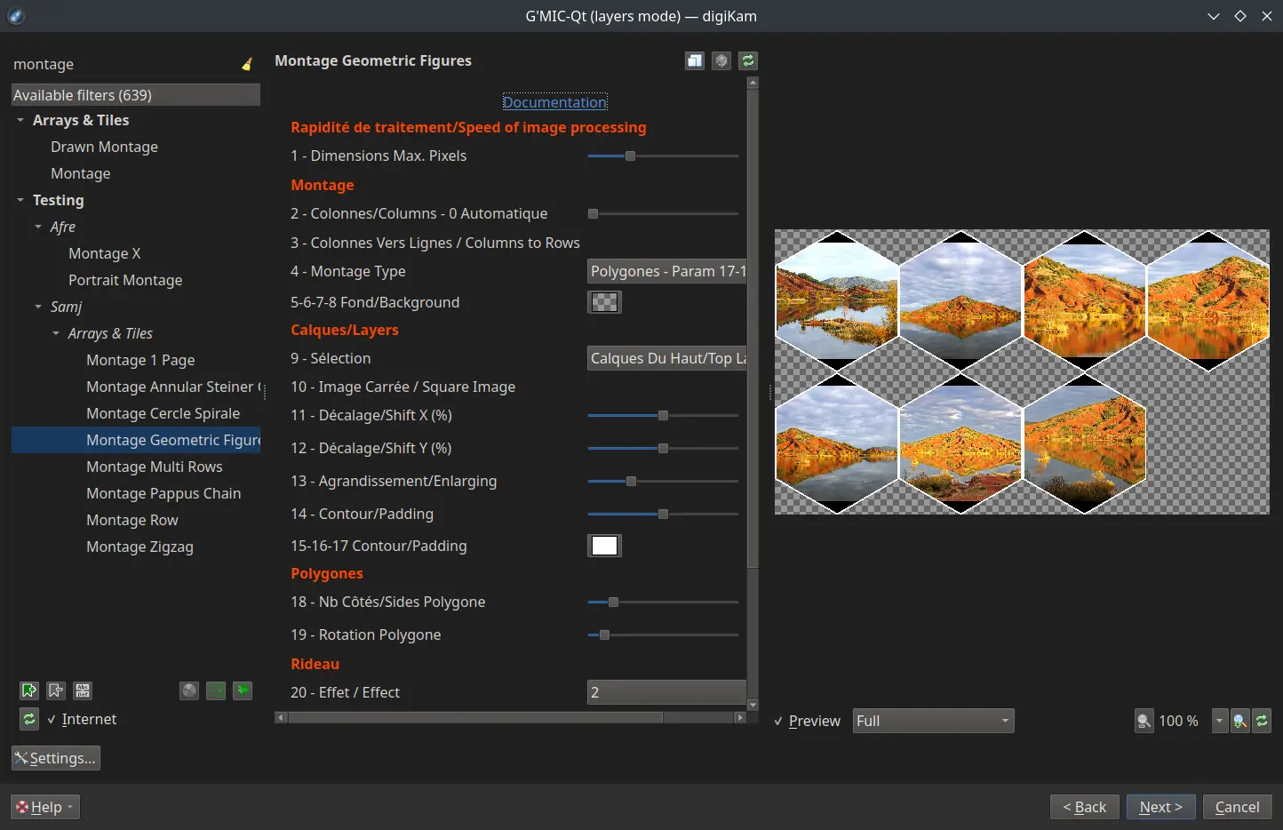 digiKam 8.7.0 G’MIC generic layer mode plugin running Montage filter