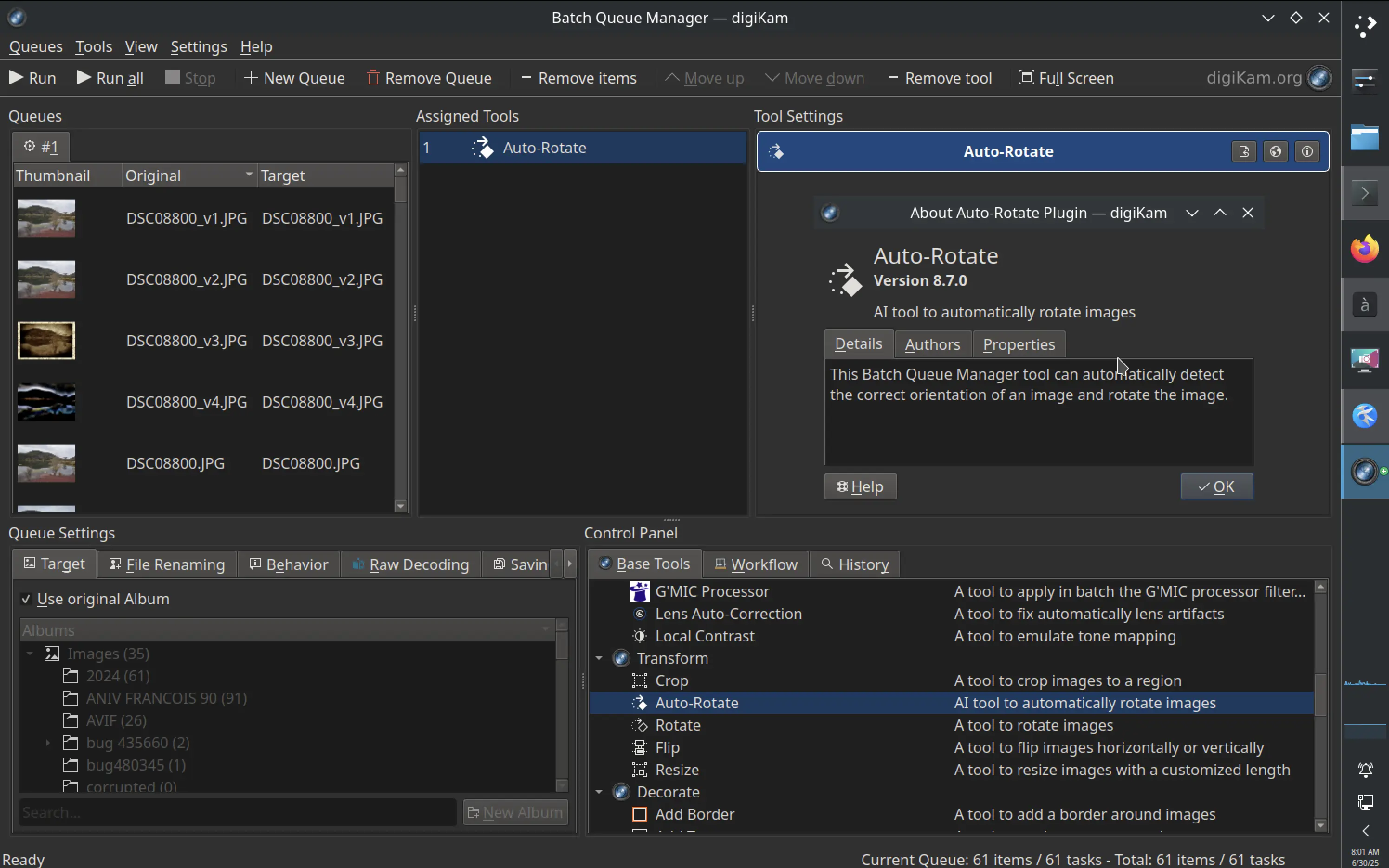 The digiKam 8.7.0 Auto-Rotate tool based on AI engine