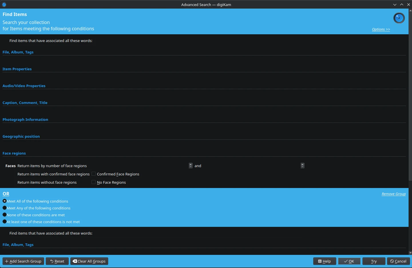 digiKam 9.1.0 Clear All Groups Button in Advanced Search